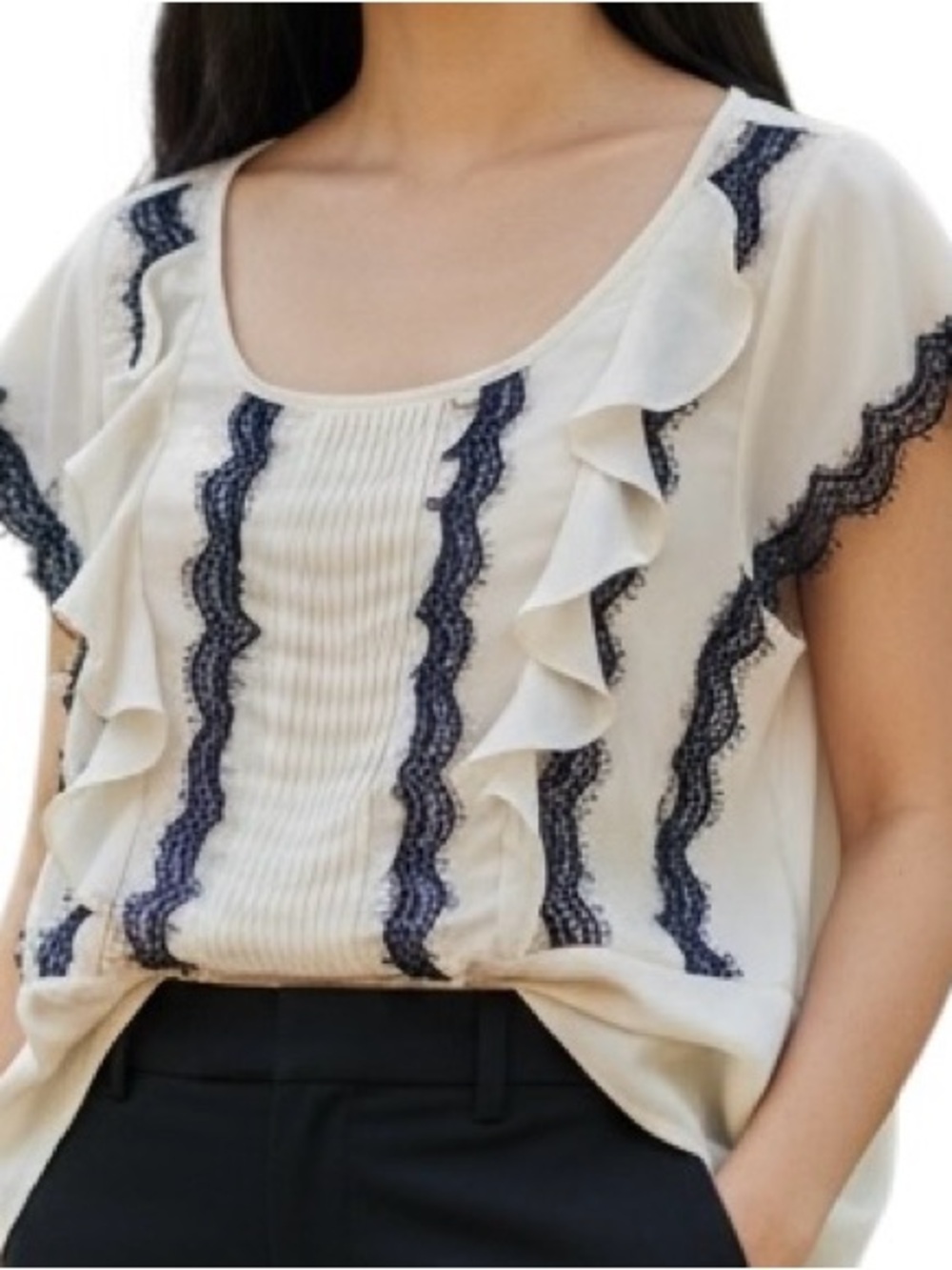 LC Lauren Conrad Black Lace Trim Ruffled Sleeves Cream Blouse XL
